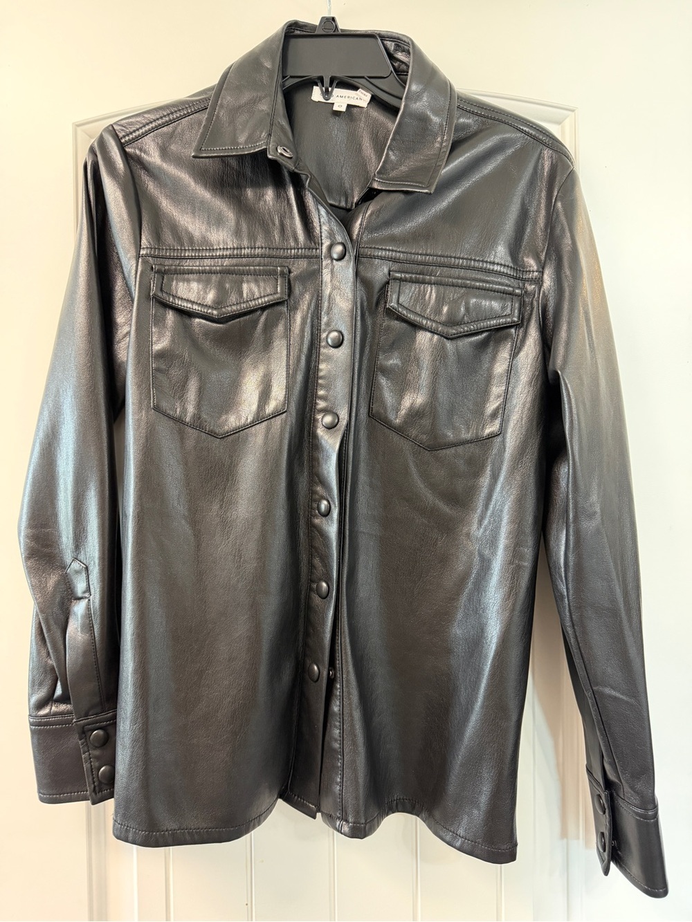 Good American Black Leather Button-Front Shirt Jacket
